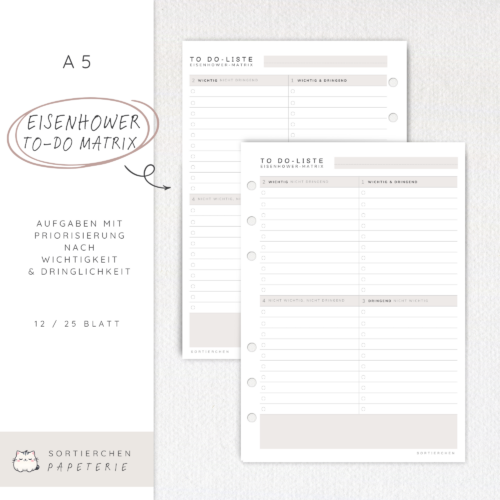 Eisenhower-Matrix A5 Planer-Einlagen | gelocht | 100g Papier
