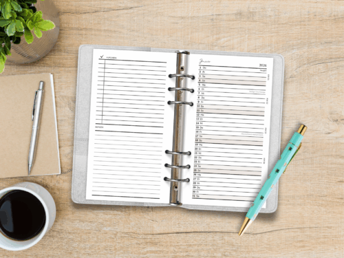 Kalendarium 2026 A6 Personal | 12 Monate | Monatsübersicht mit Aufgabenliste & Feiertagswahl