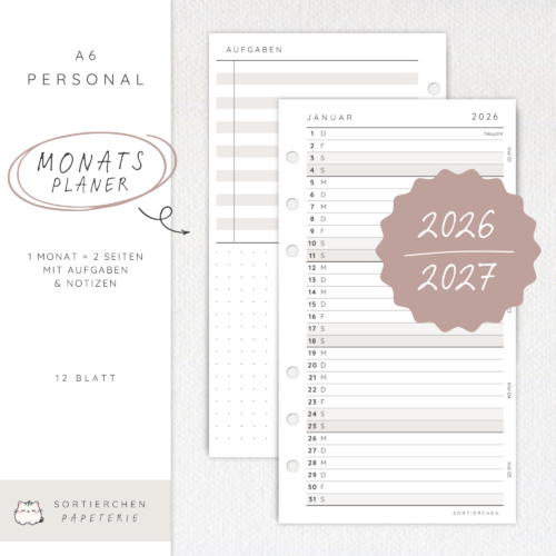 Kalendarium 2026 / 2027 A6 Personal | 12 Monate | Monatsübersicht mit Aufgabenliste & Feiertagen