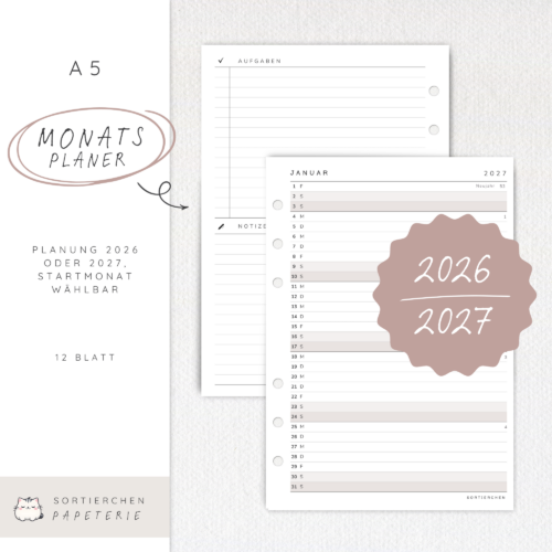 Kalender Einlagen 2026 / 2027 A5 Monatsansicht | mit Aufgaben & Notizen