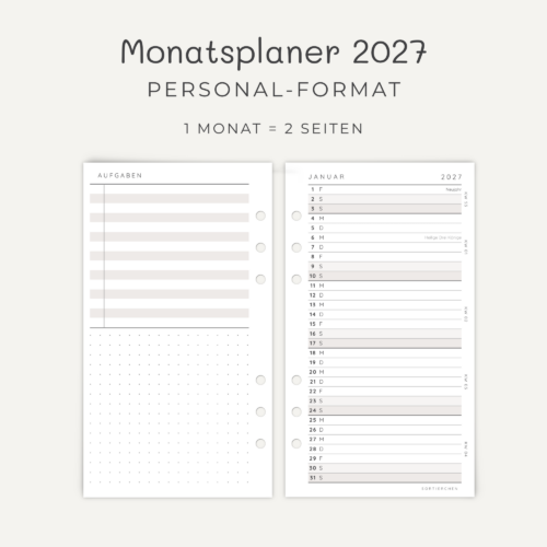 Kalendarium 2026 / 2027 A6 Personal | 12 Monate | Monatsübersicht mit Aufgabenliste & Feiertagen