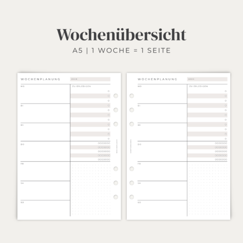 Wochenplaner A5 für 1 Jahr | 52 Wochenübersichten | Ringbuch-Einlagen gelocht | 1 Woche 1 Seite
