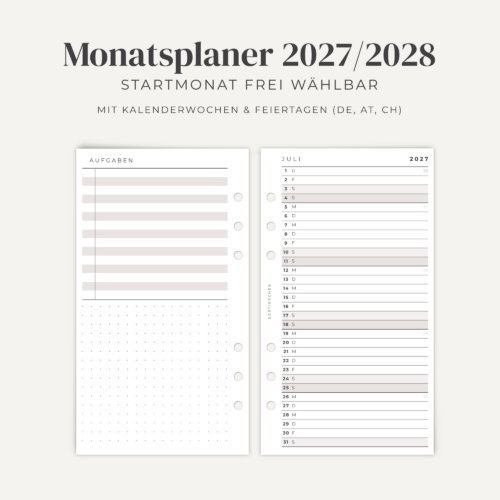 Kalendarium 2026 / 2027 A6 Personal | 12 Monate | Monatsübersicht mit Aufgabenliste & Feiertagen