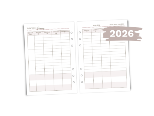 A5 Planer Einlagen 2026 | Vertikale Wochenübersicht mit Extras | 6-fach gelocht, sanfte Boho Farben, 100 g Papier, 53 Blatt