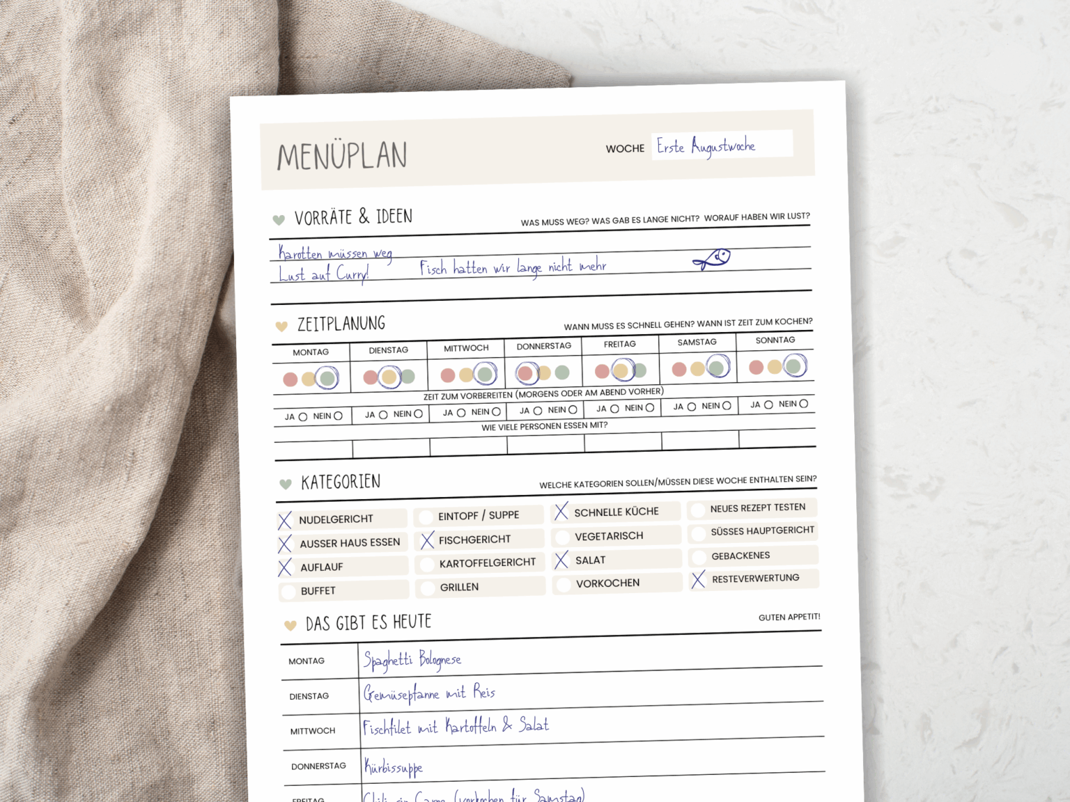 Menüplan Vorlage PDF | Essensplaner zum Ausdrucken | Wochenplan Essen