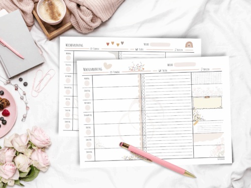 Wochenplaner Vorlage A4 Querformat | Dekorative Wochenübersicht zum Ausdrucken | Termine, To Dos & Notizen | Boho Blumen Design