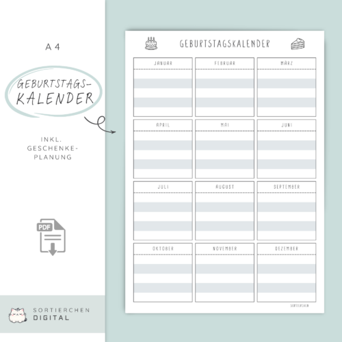 Geburtstagskalender immerwährend | Geburtstagsplaner zum Ausdrucken A4 | Geburtstage & Geschenkideen planen | PDF Vorlage