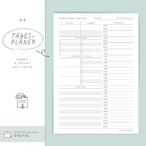 Tagesplaner A4 PDF | Tagesstruktur für Arbeit und Privat | Printable zum Ausdrucken | To Do-Liste, Ziele, Termine