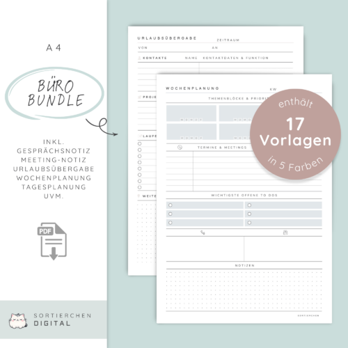 Großes Büro-Vorlagen Bundle | To-Do-Liste, Meeting-Notizen, Projektplanung, Übergabe, Stundenzettel & mehr | PDF zum Ausdrucken