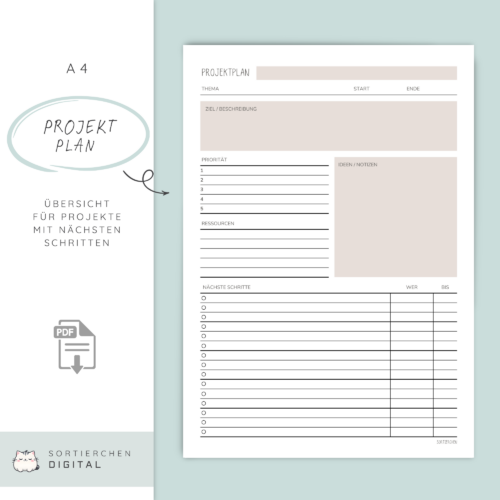 Projektplan Vorlage A4 | Prio, nächste Schritte, Ressourcen PDF Download in 3 Farben | deutsch & english