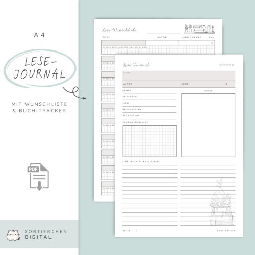Leseliste & Lesejournal A4 PDF | Lesetagebuch zum Ausdrucken | Bücher Wunschliste & Gelesene Bücher Übersicht | Leseliste Deutsch Printable