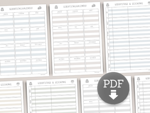 Geburtstagskalender immerwährend | Geburtstagsplaner zum Ausdrucken A4 | Geburtstage & Geschenkideen planen | PDF Vorlage