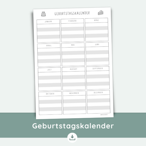 Geburtstagskalender immerwährend | Geburtstagsplaner zum Ausdrucken A4 | Geburtstage & Geschenkideen planen | PDF Vorlage