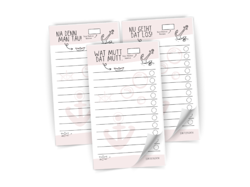 3er-Set Plattdeutsch To-Do-Listenblöcke | „Wat mutt dat mutt“, „Nu geiht dat los!“, „Na denn man tau“ | 25 Blatt, 10x18 cm, geleimt, 100g Papier