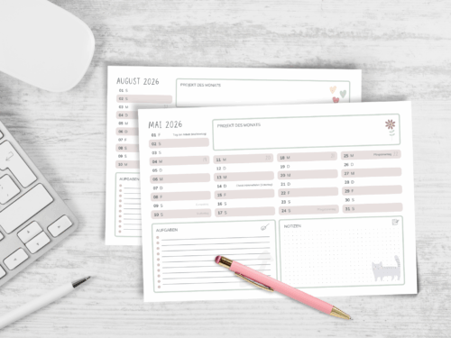 Jahreskalender 2026 zum Ausdrucken | PDF Download | A4 Querformat | mit Feiertagen und Kalenderwochen | rosa verspielt Boho