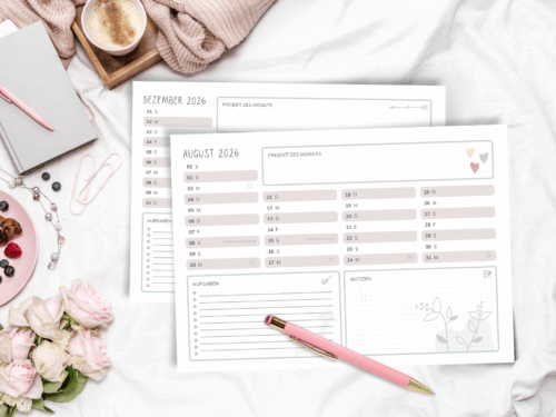 Jahreskalender 2026 zum Ausdrucken | PDF Download | A4 Querformat | mit Feiertagen und Kalenderwochen | rosa verspielt Boho
