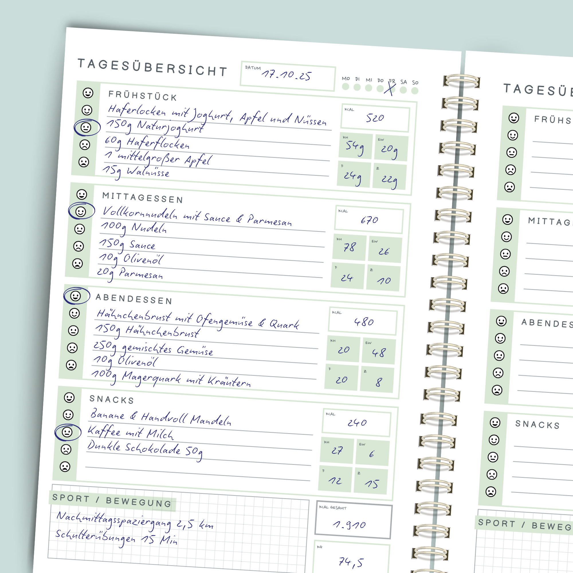 Ernährungstagebuch A5 spiralgebunden: 10 Wochen Food Journal mit Stimmungstracker, Mahlzeiten & Bewegung | Essensplaner zum Eintragen