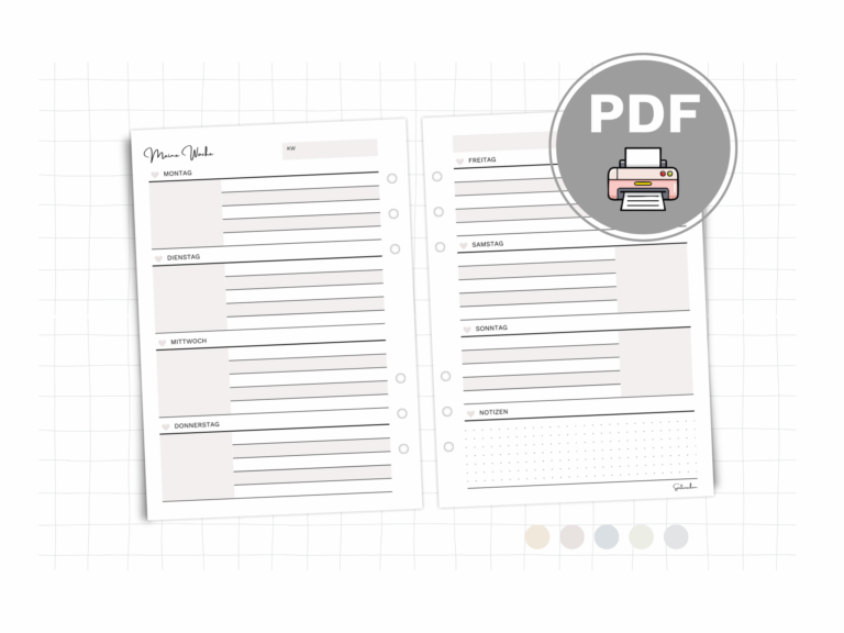 Wochenplaner A5 PDF: Wochenübersicht mit Notizfeld | minimalistische Wochenplanung in 5 Farben | Printable Planner zum Ausdrucken