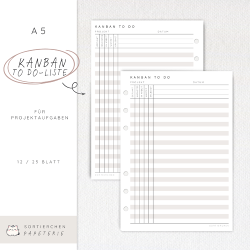 A5 Kanban Planer Einlagen | Aufgaben sortieren, Fokus behalten, ideal für berufliche & private Projekte