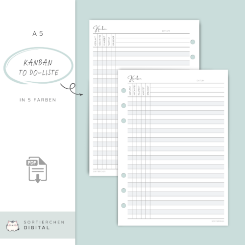 A5 Kanban Planer Einlagen | PDF Download | 5 Farben | Aufgaben sortieren, Fokus behalten, ideal für berufliche & private Projekte