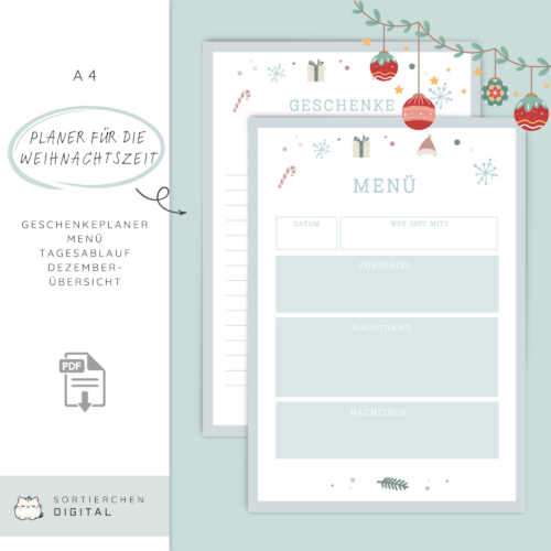 Weihnachtsplaner Bundle A4 | 7-seitiges Set zum Ausdrucken | Geschenkplaner, Menüplan, Wunschzettel, Tagesplan, Einkaufsliste | PDF 3 Farben
