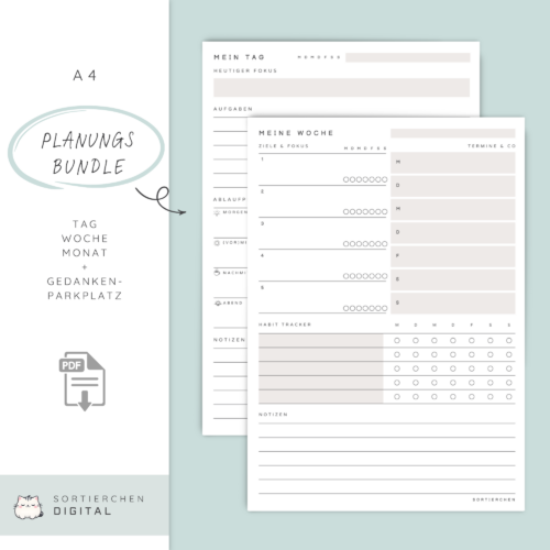Wochenplaner A4 PDF Bundle | Meine Woche, Mein Tag & Gedankenparkplatz | Fokus, Termine, Aufgaben sortieren