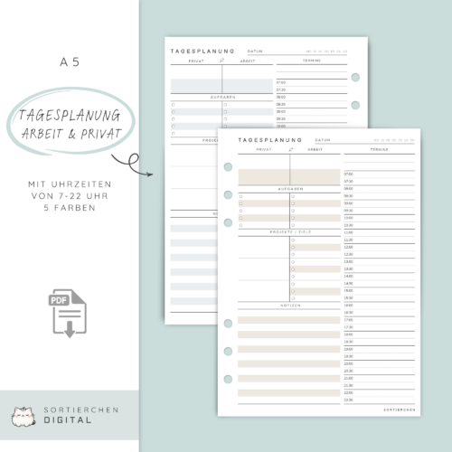 Tagesplaner A5: PDF Planereinlagen für Arbeit & Privat | 5 Farben | PDF Download | 1 Tag 1 Seite