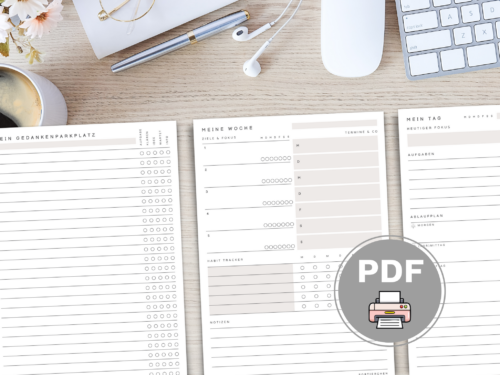 Wochenplaner A4 PDF Bundle | Meine Woche, Mein Tag & Gedankenparkplatz | Fokus, Termine, Aufgaben sortieren