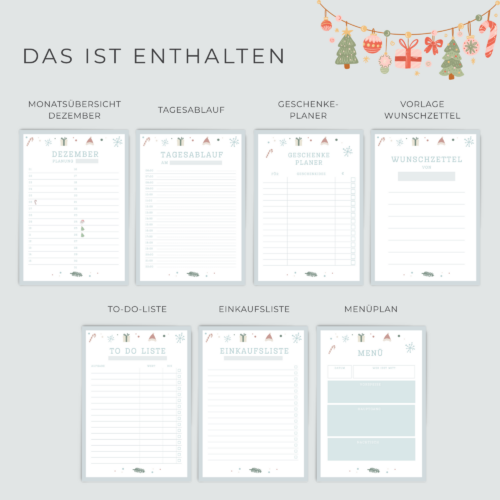Weihnachtsplaner 2026 PDF | Weihnachtsplaner zum Ausdrucken | Wunschzettel, Geschenkeplaner, Tagesablauf & Checklisten