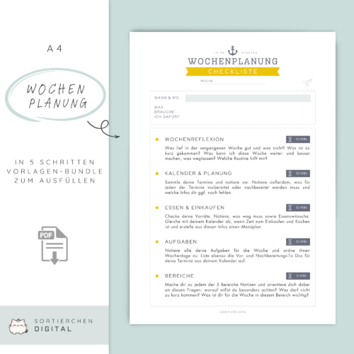 Wochenplanung in 5 Schritten | Checkliste Wochenplanung mit Reflexion, Aufgaben & Lebensbereichen | PDF