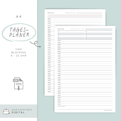 Tagesplan Uhrzeiten PDF Vorlage mit Fokus, To Do-Liste & Braindump | Time Blocking Vorlage