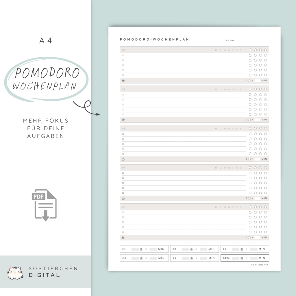 Pomodoro Wochenplan | To Do-Liste mit Zeitblöcken | A4 PDF Download