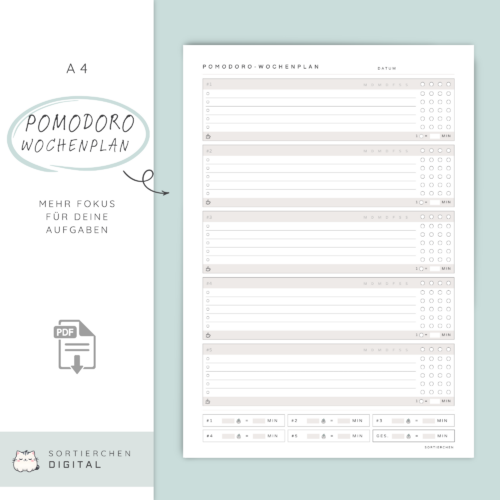 Pomodoro Wochenplan | To Do-Liste mit Zeitblöcken | A4 PDF Download