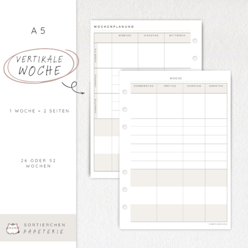 A5 Wochenplaner vertikal | 1 Woche 2 Seiten undatiert | 26 oder 52 Wochen | flexible Wochenplanung