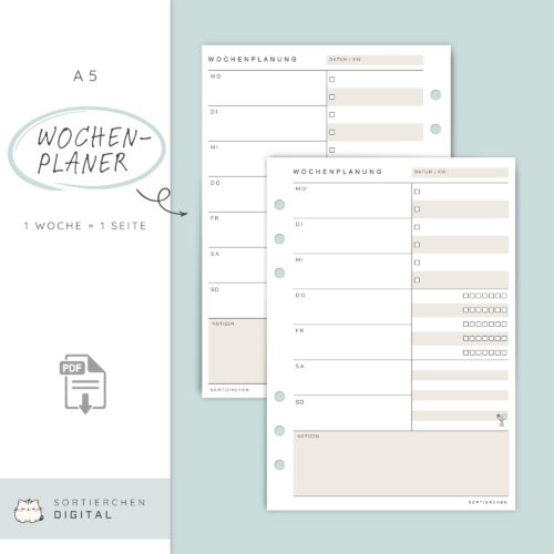 Wochenplaner PDF A5 für 1 Jahr | Ringplaner-Einlagen | 1 Woche 1 Seite zum Drucken