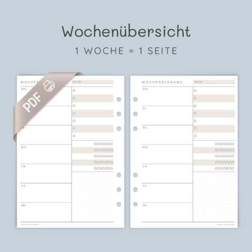 Wochenplaner PDF A5 für 1 Jahr | Ringplaner-Einlagen | 1 Woche 1 Seite zum Drucken