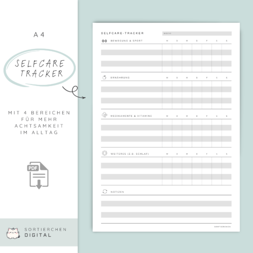 Selfcare Tracker A4 PDF | Wochenplan Vorlage | Selfcare Planner & Journal | Achtsamkeit Alltag | Printable in 5 Farben