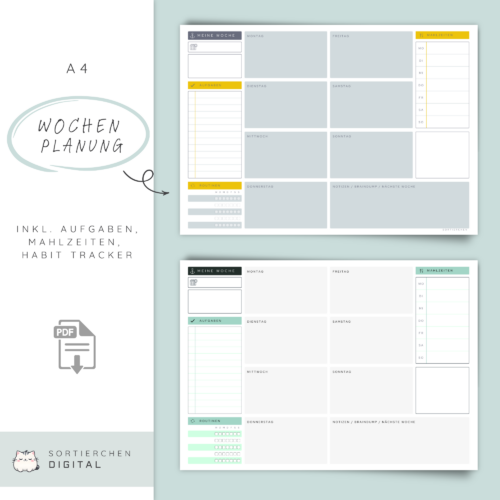 Wochenplaner A4 quer | Wochenplan mit Habit Tracker, Aufgabenliste & Mahlzeitenplan | PDF Vorlage zum Ausdrucken