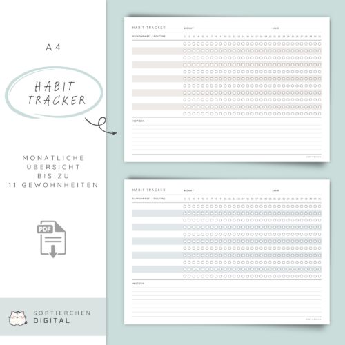 Habit Tracker Deutsch A4 PDF | 5 Farben | Monatlicher Gewohnheiten Tracker zum Ausdrucken