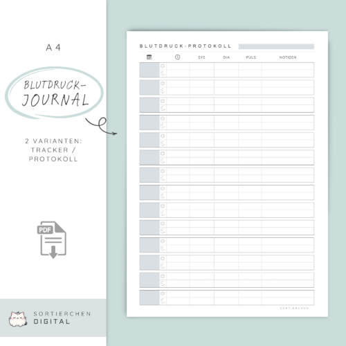 Blutdruck Tabelle A4 zum Ausdrucken | PDF Bundle | 2 Varianten | 5 Farben | Blutdrucktagebuch