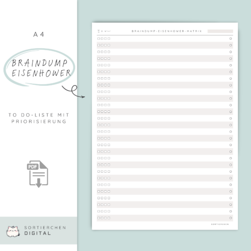 Braindump Eisenhower Matrix A4 | To Do Liste mit Priorisierung | ADHS Planer Deutsch | Printable in 5 Farben | 2 Versionen