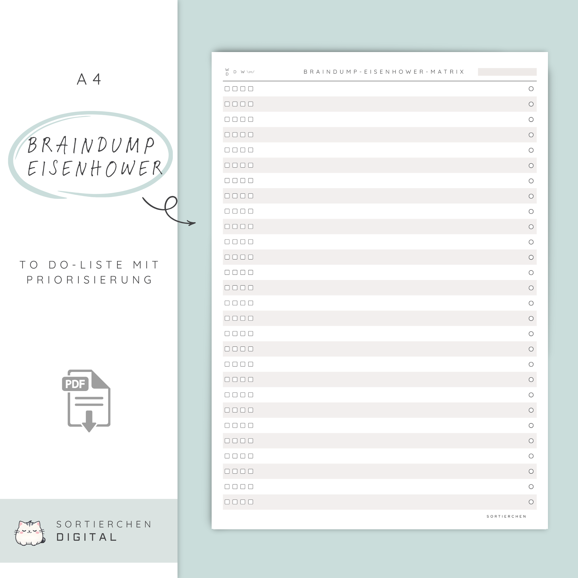 Braindump Eisenhower Matrix A4 | To Do Liste mit Priorisierung | ADHS Planer Deutsch | Printable in 5 Farben | 2 Versionen