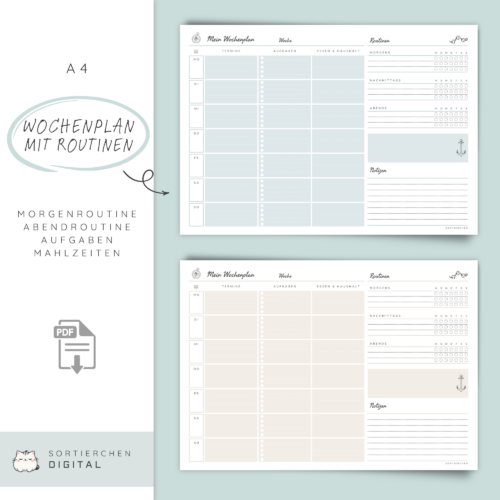 Wochenplaner PDF | Undatiert mit Routinen | Wochenübersicht mit Habit Tracker, Essen & Haushalt