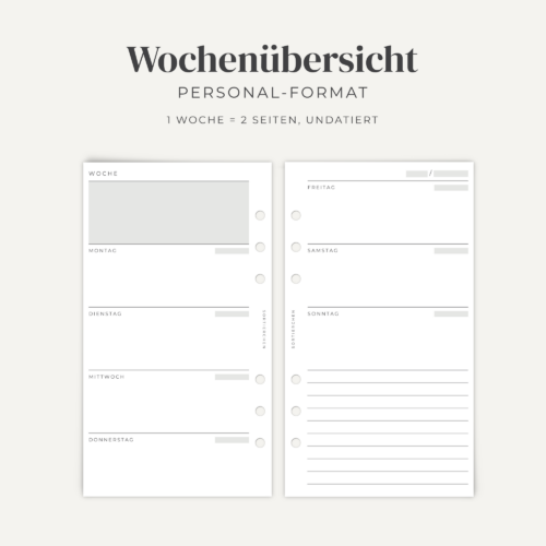 A6 Planer Einlagen Wochenübersicht | Personal Ringplaner | undatiert | 1 Woche auf 2 Seiten | 26 oder 52 Wochen