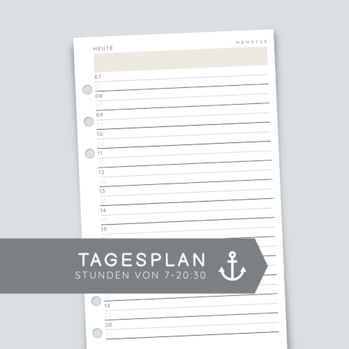Time Blocking Planereinlagen A6 Personal | Tagesübersicht von 7-20 Uhr
