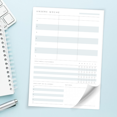 Familienkalender A4 | Undatierter Wochenplaner für 2–5 Personen | 52 Blatt | Minimalistischer Familienplaner mit Routinen & Essensplan