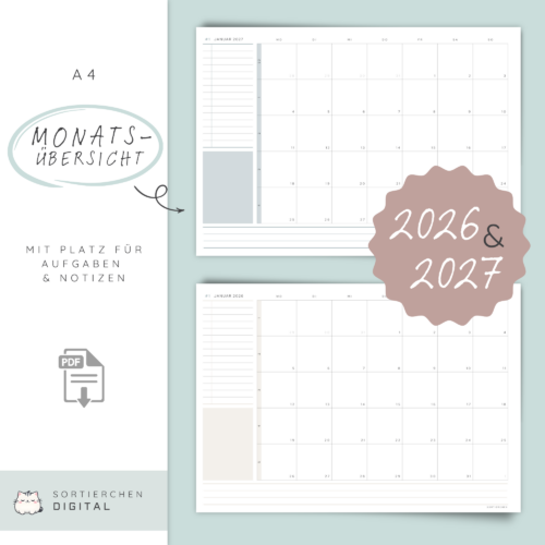 Monatsplaner 2026 & 2027 PDF | A4 Monatsübersicht zum Ausdrucken | Digitaler Kalender | 3 Farben | Monatskalender Download