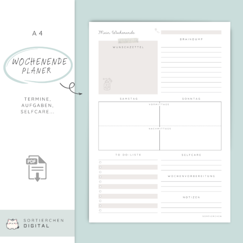 Wochenend Planer PDF A4 | Weekend Planner zum Ausdrucken | Selfcare Wochenplanung | Braindump To Do Liste | Wunschzettel | 4 Farben