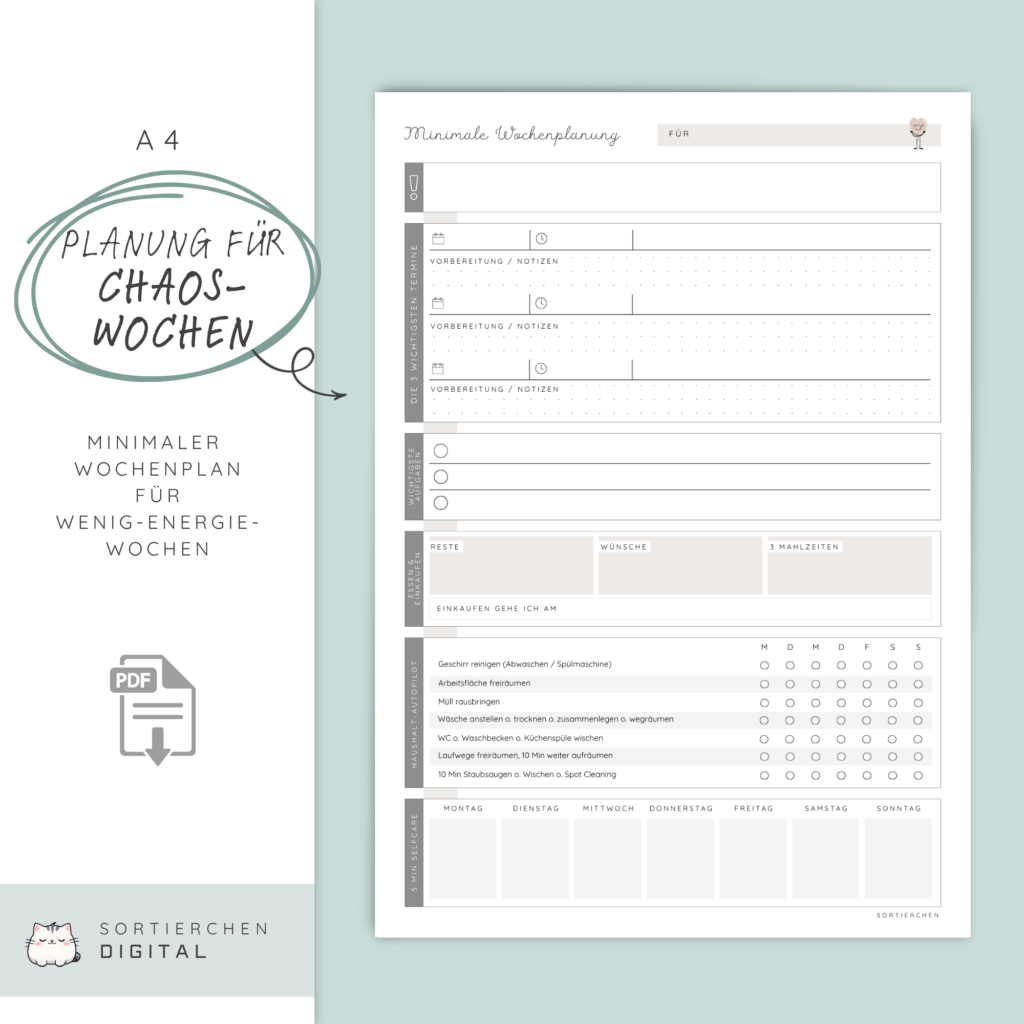 Minimaler Wochenplan PDF A4 | Wochenplaner Familie | Haushaltsroutine & Meal Planner | Wochenübersicht zum Ausdrucken | 3 Farben