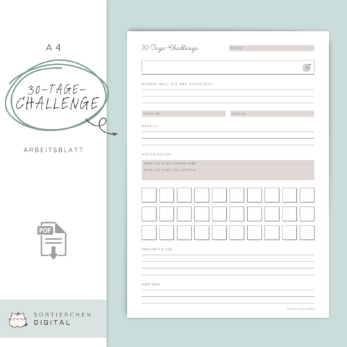 30 Tage Challenge Arbeitsblatt PDF | Habit Tracker deutsch zum Gewohnheiten aufbauen